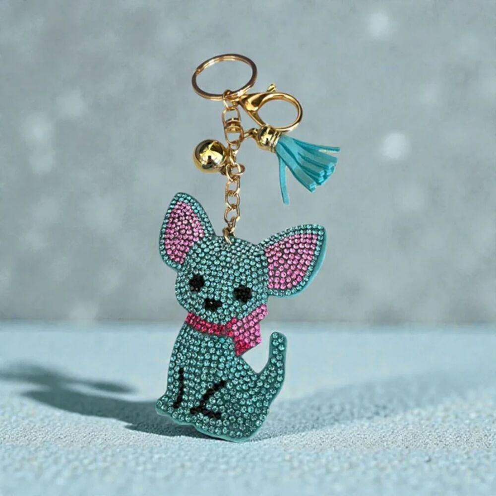 Cute Cartoon Chihuahua Keychain Rhinestone Key Chain Turquoise